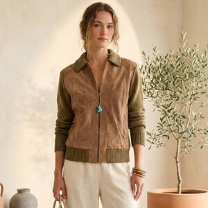 🔴 C&A Vintage Suede Bomber Jacket Mixed Media Knit Sleeves Brown Boho